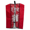Red fire extinguisher cover with an open front panel showing a white fire extinguisher symbol on clear plastic