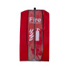 A large red fire extinguisher cover with white text