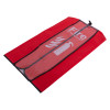 Angled view of a red fire extinguisher cover with clear plastic front showing white fire extinguisher symbol