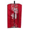 Front view of a red fire extinguisher cover with clear plastic panel and printed fire extinguisher symbols