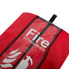 Top view of a red fire extinguisher cover with clear plastic window and printed text and icons