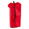 Back view of a large extinguisher cover in bright red fabric with a central black zip and fastening straps
