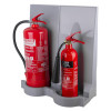 fmc modular fire extinguisher stand grey double holding two red fire extinguishers against a white background