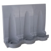 angled view of a grey triple fmc modular fire extinguisher stand showing three separate compartments