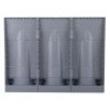 Back view of the grey fmc modular fire extinguisher stand triple showing the support structure and compartments