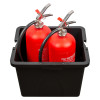 Black Fmcsx2 Caravan Park Fire Extinguisher Storage Box open showing two red fire extinguishers inside