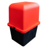 campsite cabinet with a bright red lid and black base shown from an angled view