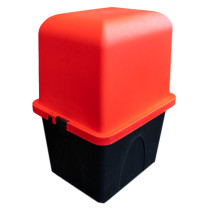 campsite cabinet with a bright red lid and black base shown from an angled view