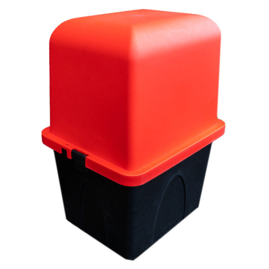 campsite cabinet with a bright red lid and black base shown from an angled view