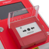Close up of the red evacuator synergy plus wireless site alarm base station call point showing the press button with clear cover