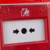 Closeup of the red evacuator synergy plus wireless call point showing a white square with arrows pointing to a central black dot