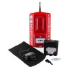 Contents of an evacuator synergy plus wireless call point site alarm including red alarm unit, battery pack, charger, black pad, key and fixings