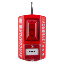 Front view of the evacuator synergy plus wireless call point site alarm in red with visible buttons and antenna