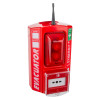Angled view of the evacuator synergy plus wireless call point site alarm first aid showing the red device with labels and antenna