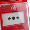 closeup of evacuator synergy plus wireless call point showing arrows pointing to centre on red background