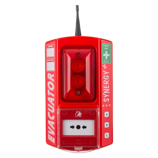 Front view of the evacuator synergy plus wireless call point site alarm first aid device with red casing and visible buttons