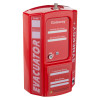 angled view of the evacuator synergy plus wireless site alarm gsm gateway in red with labelled panels and controls