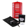 Contents of the evacuator synergy plus wireless site alarm gsm gateway showing red gateway unit, battery, charger, antenna and fixings