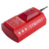 Angled view of a red synergy plus relay interface with buttons and an antenna attached