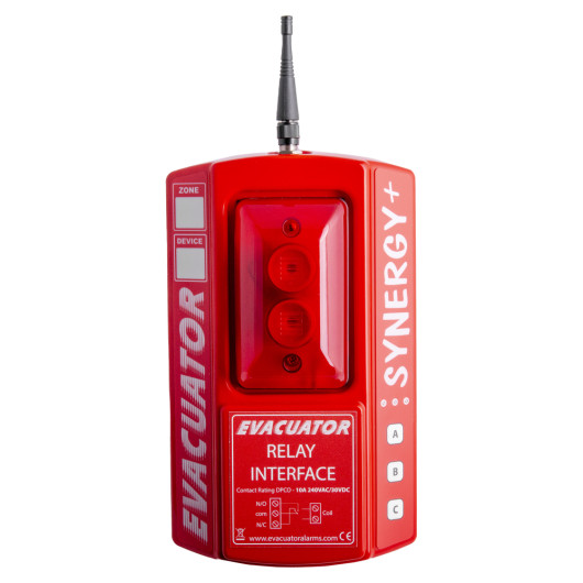 Front view of the synergy plus relay interface in red with labels and antenna visible