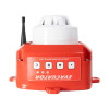 A red and white electronic fire safety device with a white smoke detector mounted on top and a small antenna on the side. The front panel displays four labelled buttons—A, B, C, and a star—along with the word “EVACUATOR.”