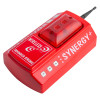 angled view of an evacuator synergy+ wireless sounder strobe device in red with visible buttons and an antenna