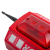 Closeup detail of the red evacuator synergy+ wireless sounder strobe showing the top and side with labels and antenna
