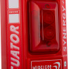 Closeup of the strobe on the evacuator synergy+ wireless sounder strobe showing red casing and labels