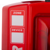 Close-up detail of the red evacuator synergy+ wireless sounder strobe showing zone and device label areas