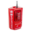 Angled view of red evacuator synergy plus wireless sounder strobe with visible antenna and labelled panels