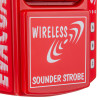 Close-up of the bottom of the evacuator synergy plus wireless sounder strobe showing the red wireless label and white text