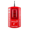 Front view of the evacuator synergy plus wireless sounder strobe in red with labels and antenna visible