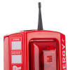 Top view of red evacuator synergy plus wireless sounder strobe with antenna and labelled sections for zone and device