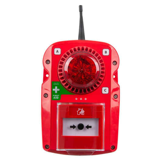 Red Fmcsynptg Evacuator Synergy Tough Guard Front with clear push panel and antenna on white background