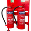 Closeup of Fmctf7 Flatpack Double Extinguisher Trolley Backboard showing two red powder fire extinguishers