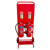 Image of Fmctf7 Flatpack Double Extinguisher Trolley Backboard with two red fire extinguishers attached on the front