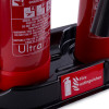Close up of universal double firepoint showing red fire extinguishers in their holder with labels visible