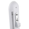 Close up of the white x alert fire extinguisher theft alarm wall bracket showing metal hook and screw holes