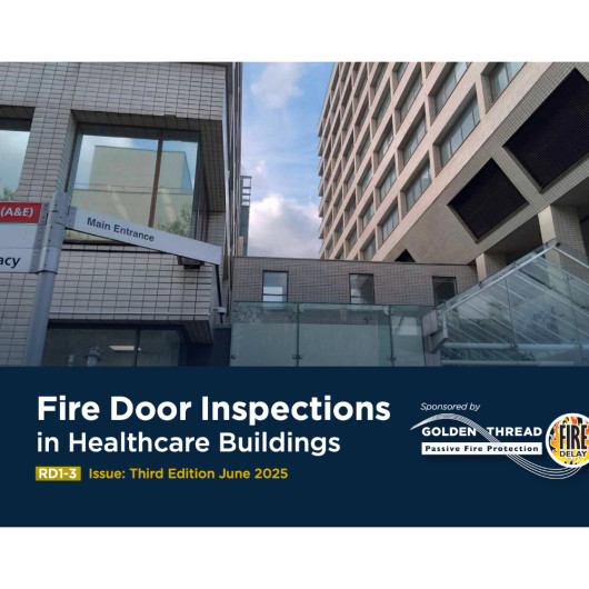 Image showing the cover of the Free Guide To Fire Door Inspections For Healthcare Buildings with a hospital building background and sponsor logos