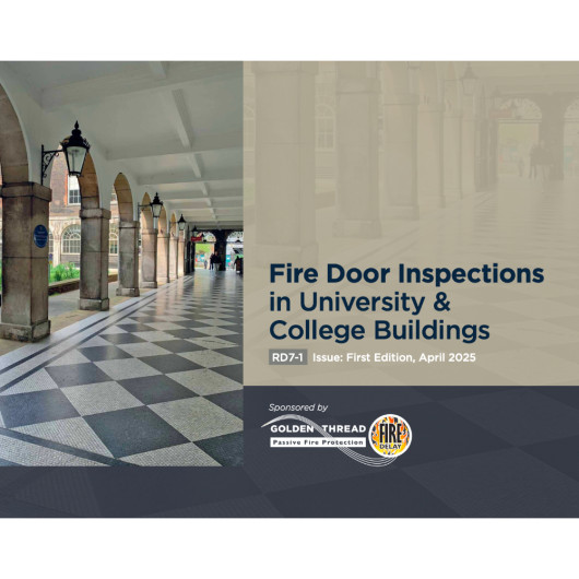 Image showing the cover of the Free Guide To Fire Door Inspections For University And College Buildings with an arched walkway background and text details