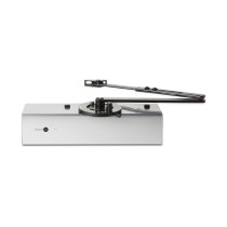 A surface‑mounted automatic door closer featuring a rectangular housing, an articulated arm, a circular adjustment dial, and small indicator lights.