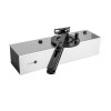 A commercial door closer with a rectangular metal body, a rotating top mechanism, and a multi‑hole mounting arm attached for door control.