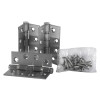 A set of fire door ball bearing hinges in satin stainless finish with a small bag of screws visible alongside