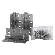 A set of fire door ball bearing hinges in satin stainless finish with a small bag of screws visible alongside