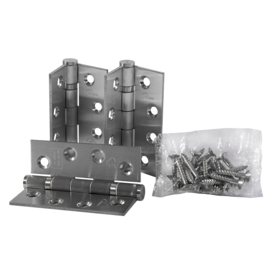A set of fire door ball bearing hinges in satin stainless finish with a small bag of screws visible alongside