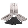 Set of three satin stainless fire door ball bearing hinges with intumescent strips laid in front on a white background