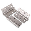 Set of three satin stainless fire door ball bearing hinges arranged on a white background