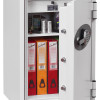 phoenix fire fighter ii 0442 electronic lock on a white safe with the door ajar showing files and office items inside