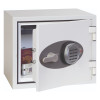 phoenix titan 1281 electronic lock on a small white safe with the door ajar showing items inside
