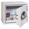 phoenix titan 1281 electronic lock shown on the open door of a safe containing various personal items